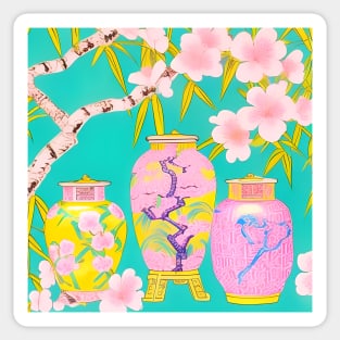 Preppy pink and yellow chinoiserie jars on turquoise Sticker